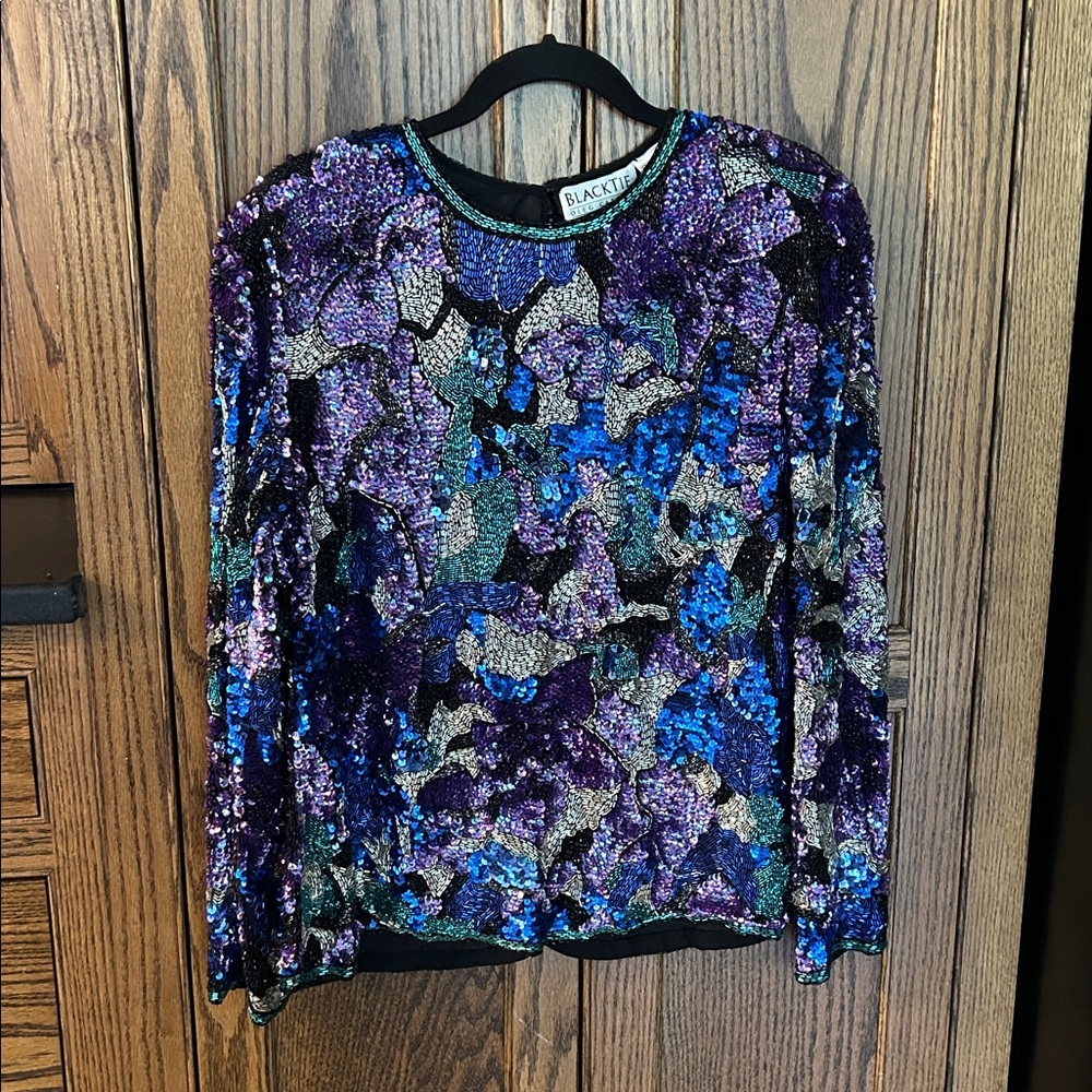 Black Tie Oleg Cassini sequin beaded blouse‎ top VTG teal sparkle cocktail Large